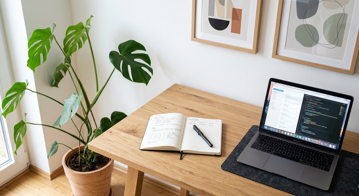Professionelt kontormiljø med computer og dokumenter