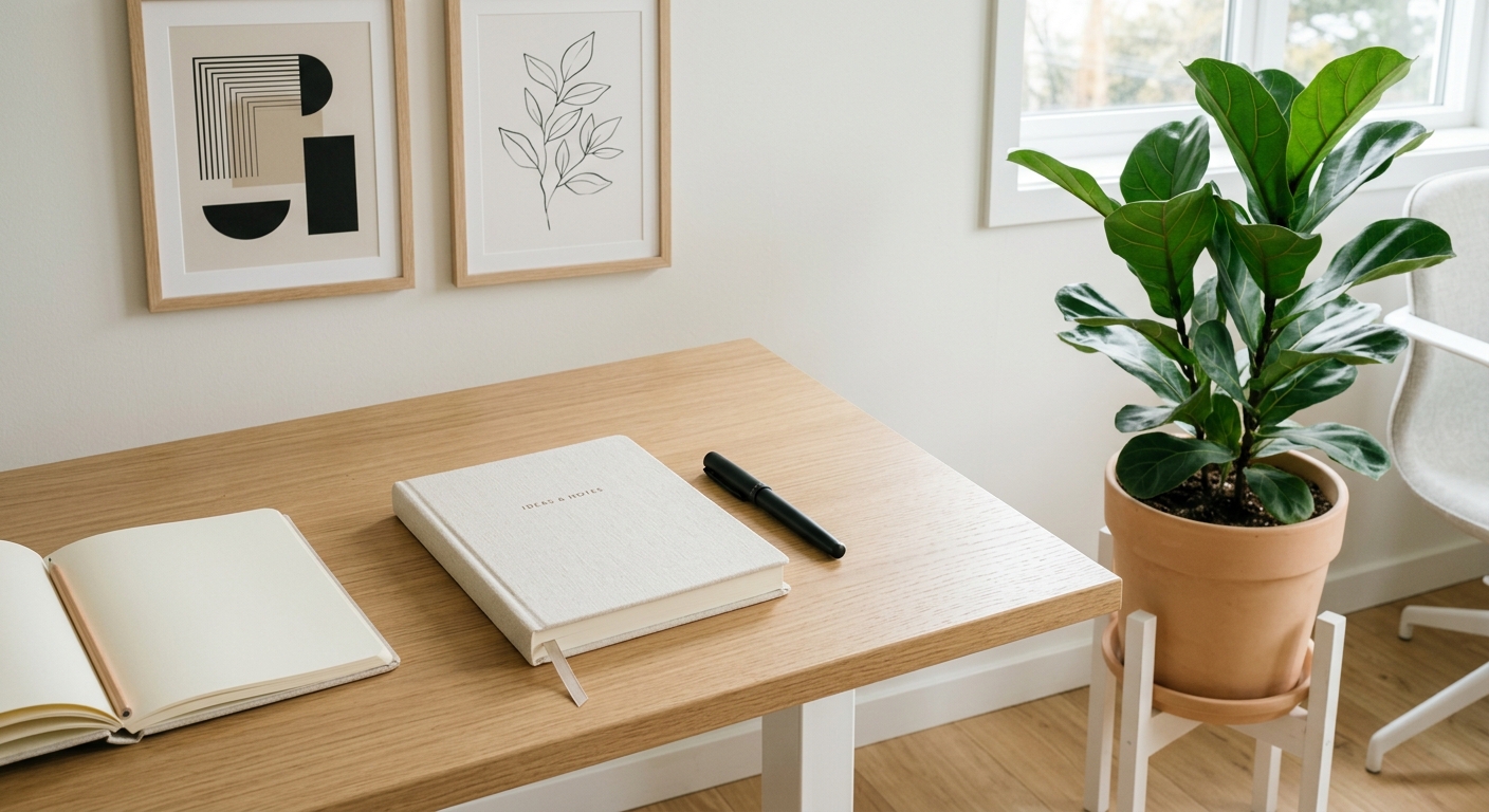 Minimalistisk kontormiljø med plante og kontorartikler